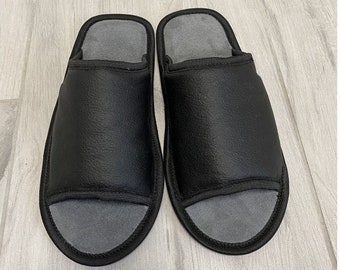 Handmade Black Leather Open Toe Slippers: Men's Slides