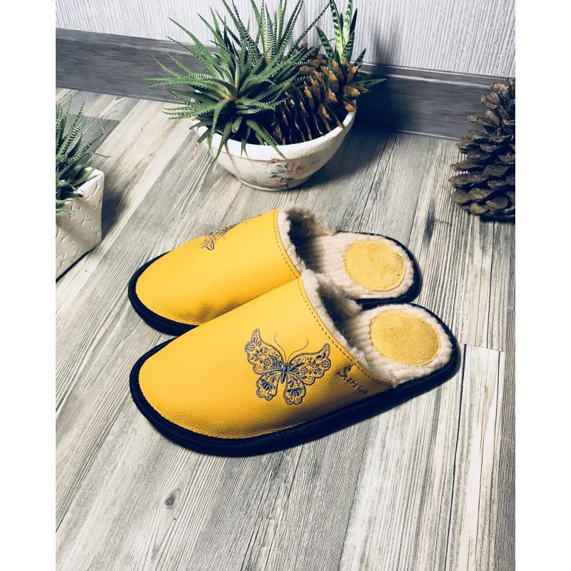 Yellow leather slippers with butterfly for women