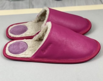 Handmade Pink Leather Slippers: Merino Wool Home Shoes