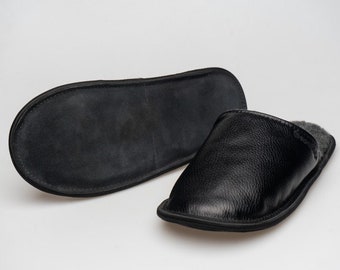 Black leather and wool slippers for men