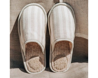 Striped linen slippers with merino wool