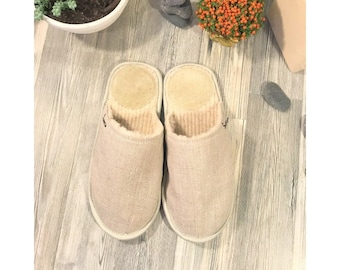 Handmade Linen Slippers: Men's Warm Merino Wool House Shoes