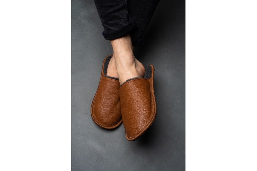 Dark Brown Leather Slippers With Black Merino Wool for Men - Etsy