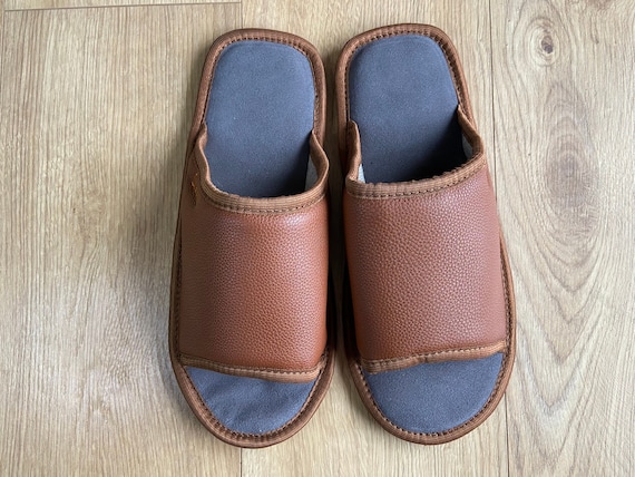 Brown Open Toe Slippers for Men Genuine Leather Slippers Open Toe Home Shoes Brown Slides Father s Day Gift Etsy Canada