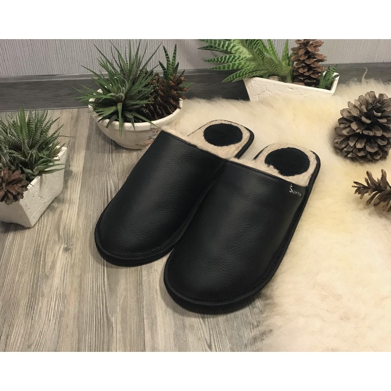 mens black leather slippers