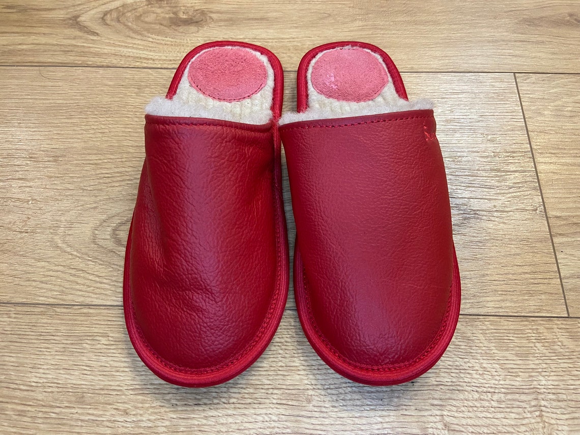 Red Slippers, Men Slippers, Leather Slippers, Merino Wool Slippers