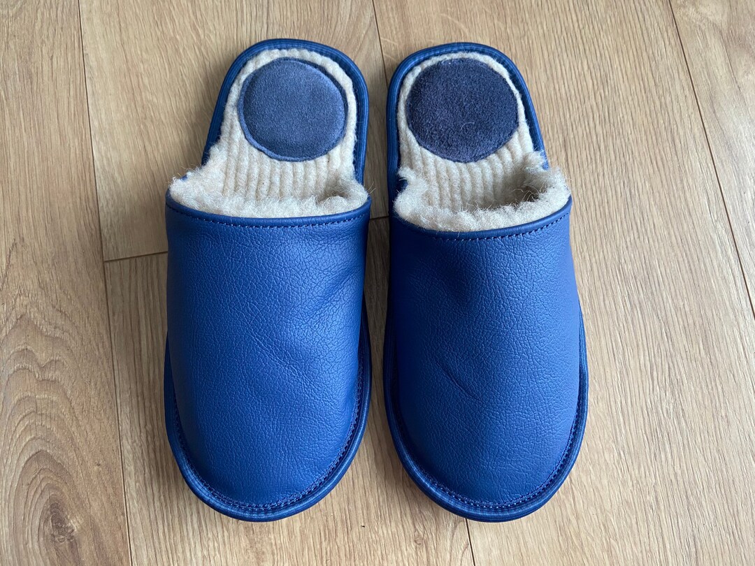 Royal Blue Scandinavian Slippers for Men, Genuine Leather Warm Merino ...