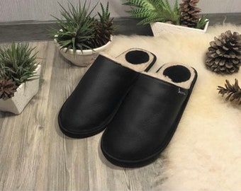 Women slippers, black slippers, leather slippers, wool slippers, warm slippers, closed toe slippers, home slippers, women's house shoes