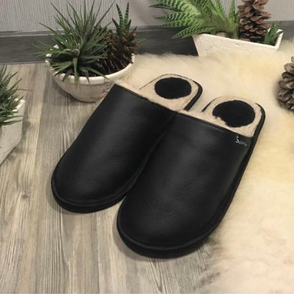 Women slippers, black slippers, leather slippers, wool slippers, warm slippers, closed toe slippers, home slippers, women's house shoes