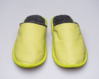 Green yellow leather slippers women with merino wool for spring