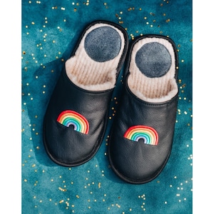 Rainbow slippers for women, LGBT slippers, slippers for tolerance, lesbian slides house shoes warm genuine leather gift