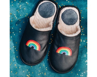 Rainbow slippers for women, LGBT slippers, slippers for tolerance, lesbian slides house shoes warm genuine leather gift