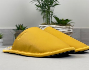 Yellow slippers with wool for men