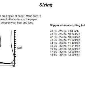 May include: Diagram showing how to measure your foot for slipper sizing.  The diagram shows a foot outline with a measurement line labeled "length".  The text below the diagram provides slipper sizes in European sizes (EU) and corresponding measurements in centimeters (cm) and inches.  40 EU - 25cm / 9.84 inch, 41 EU - 26cm / 10.24 inch, 42 EU - 27cm / 10.63 inch, 43 EU - 28cm / 11.02 inch, 44 EU - 29cm / 11.42 inch, 45 EU - 30cm / 11.81 inch, 46 EU - 31cm / 12.20 inch, 47 EU - 32cm / 12.60 inch, 48 EU - 33cm / 12.99 inch.
