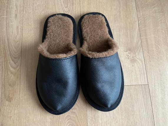 Buy Black Genuine Leather Slippers for Men Brown Merino Wool