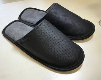Handmade Genuine Leather Men's Slippers: Black Cozy House Shoes