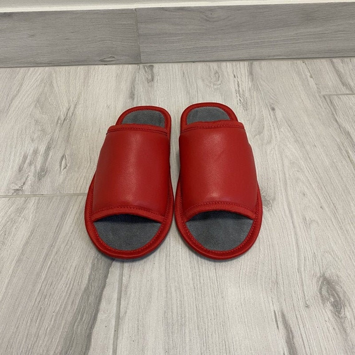 Women Slippers, Red Slippers, Open Toe Slippers, Leather Slippers, Cosy