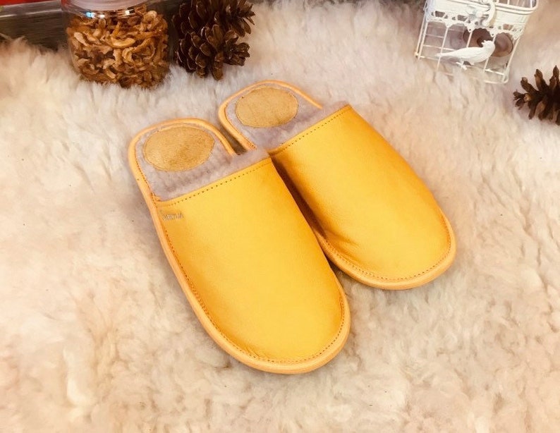 men slippers home slippers warm slippers closed toe slippers merino wool slippers leather slippers Yellow slippers men/'s house shoes