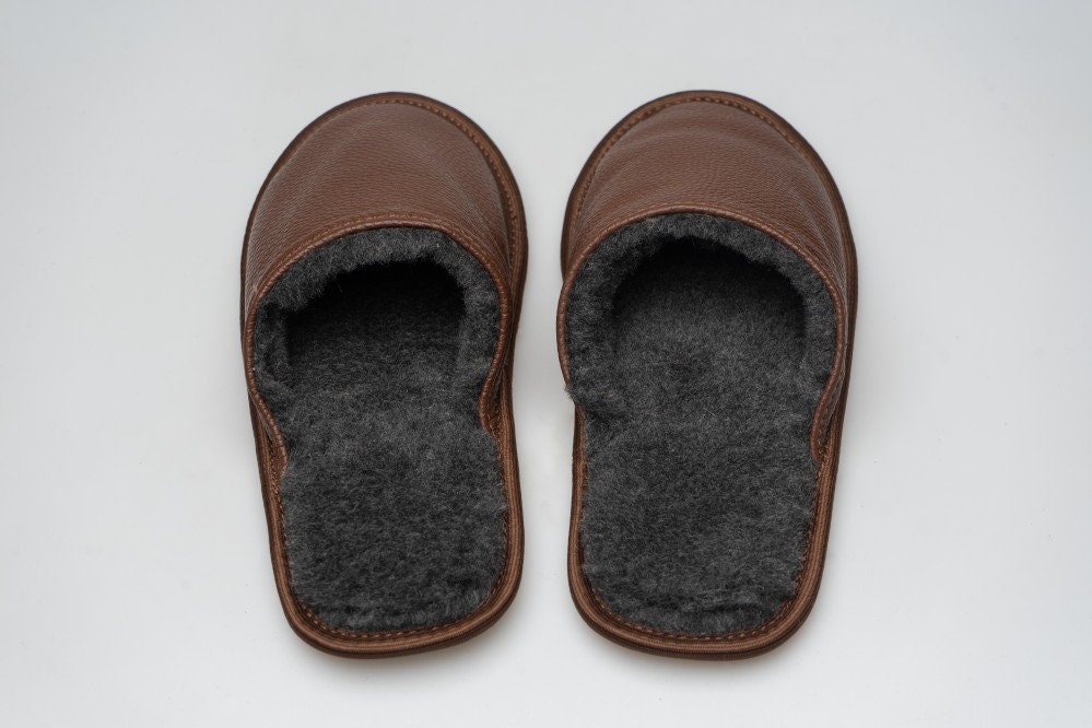 Dark Brown Leather Slippers With Black Merino Wool for Men - Etsy