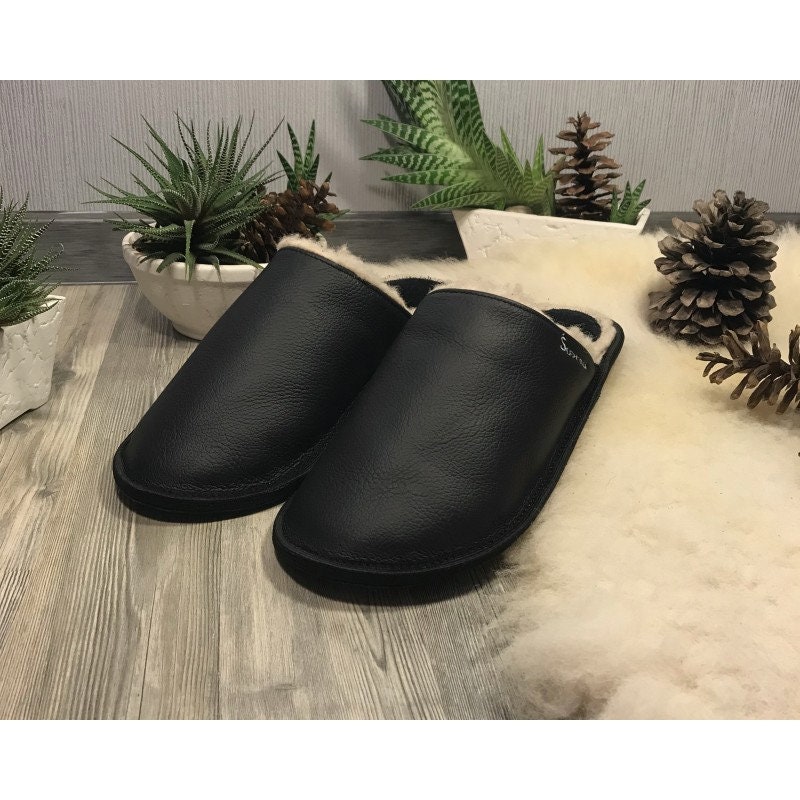 Black Slippers, Men Slippers, Leather Slippers, Merino Wool Slippers, Warm Slippers, Closed Toe