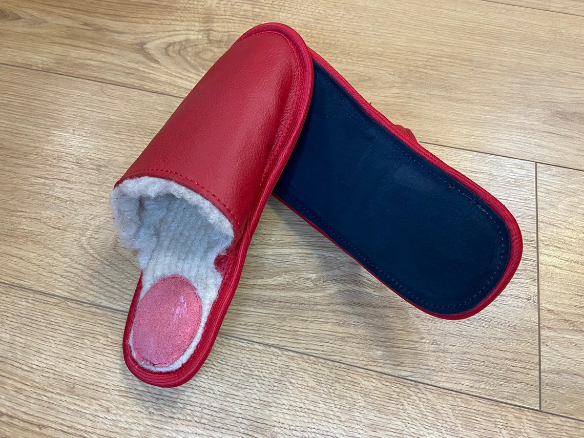 Red Slippers, Men Slippers, Leather Slippers, Merino Wool Slippers, Warm Slippers, Closed Toe