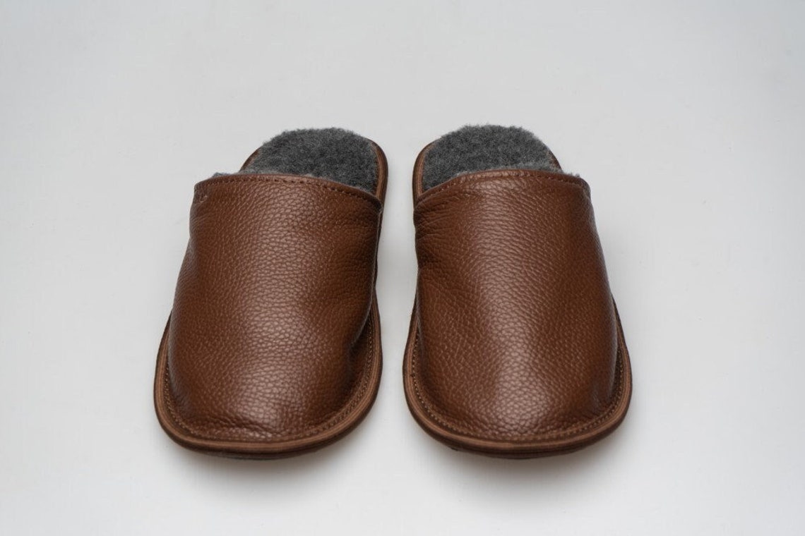 Dark Brown Leather Slippers With Black Merino Wool for Men - Etsy