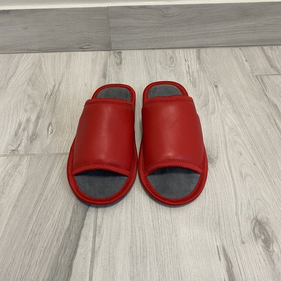 Genuine leather open toes wide fit women slippers red plus sizes 4 5 6 7 8 9 