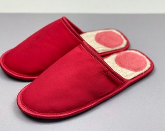 Red cotton slippers for women, couple slippers, soft unisex shoe, floor flat shoes, warm slides, family slides