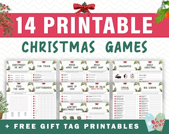 May include: A printable set of 14 Christmas games, including "Christmassy or Not", "Fun Trivia", "Movie Word Swap", "Music Word Swap", "Unwrapped", "Emoji Christmas", "Find the Word", "Scattergories", "Game of 'Ooh'", "True or False Santa Edition", "Lyrical", "Big Screen", "Wintery Christmassy Names", and "Jumbled". The set also includes free printable gift tags.