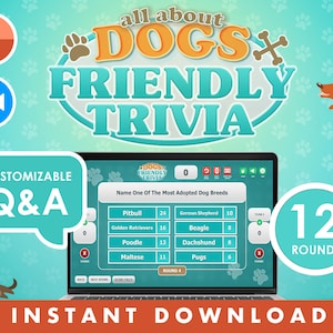 All About Dogs Friendly Trivia Game Customizable PowerPoint Template - Canine Pet Virtual Party - Automatic Scoreboard Mac PC iPad Zoom Feud