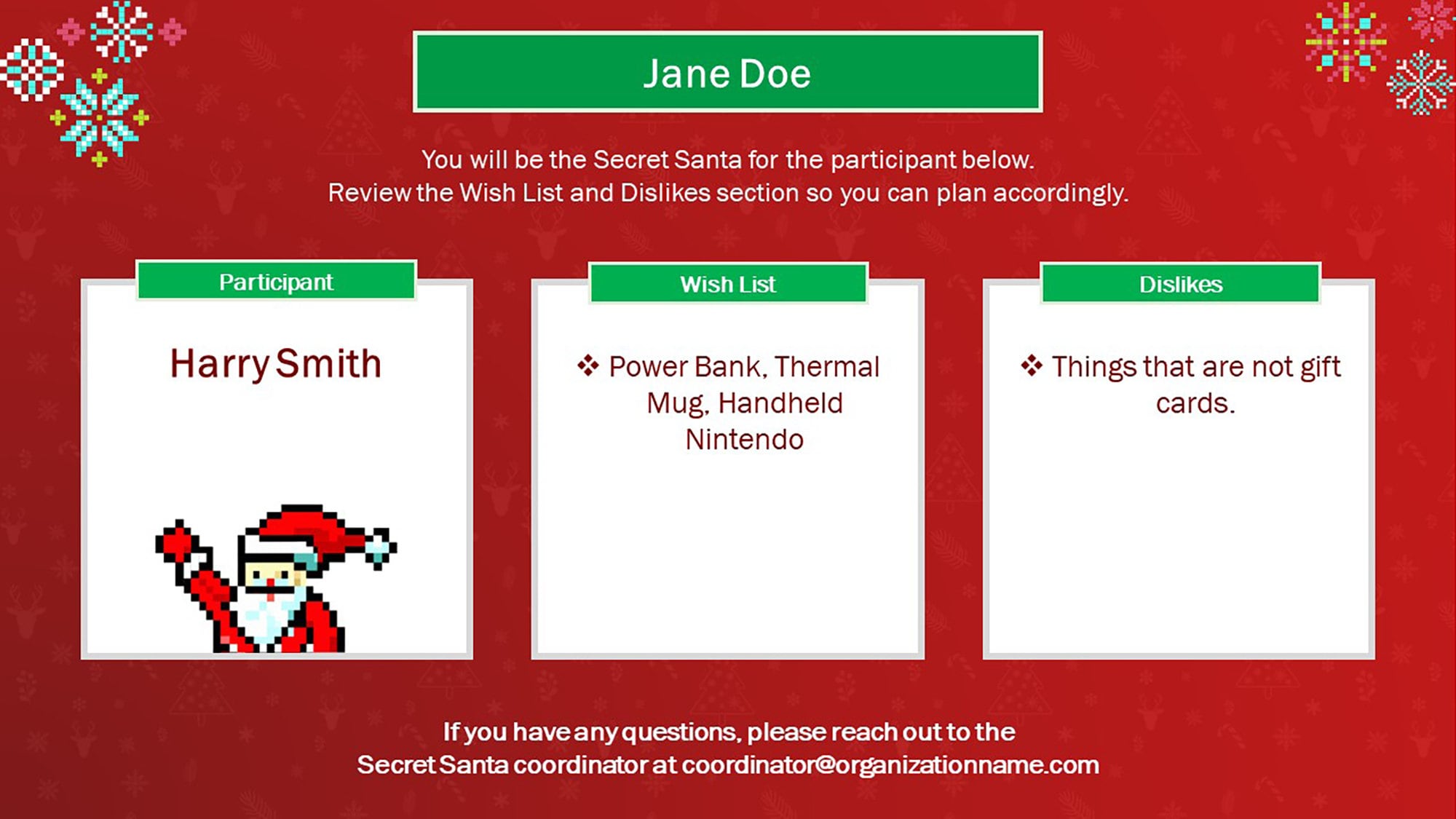 Secret Santa Questionnaire With Randomizer Holiday Printable Exchange