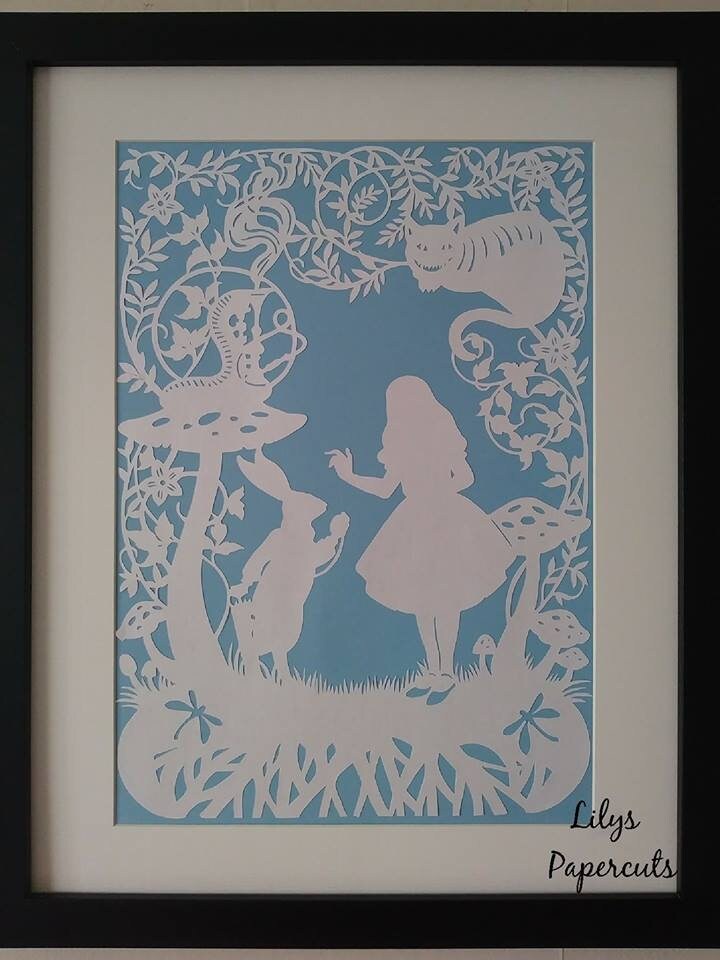 Alice's Adventures In Wonderland, Fairy Tale, Wall-Decor, Cheshire Cat, Handcut, Handmade, Framed, Papercut, Rabbit. - Thumbnail 3