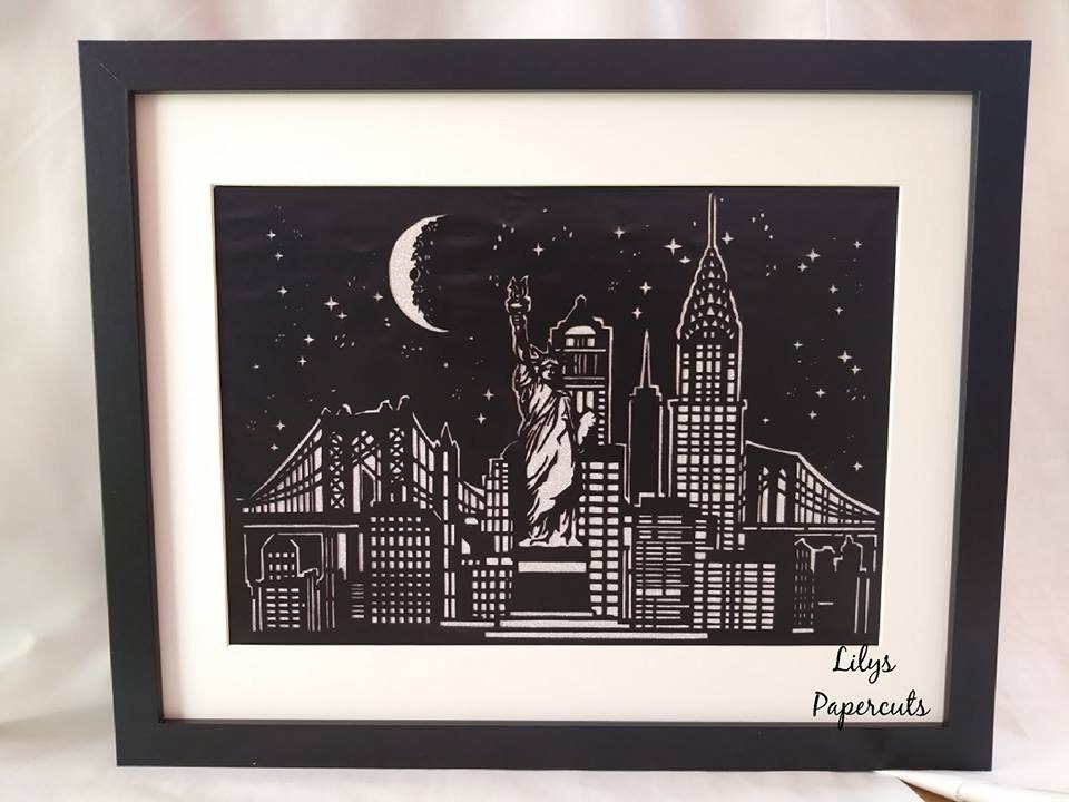 New York Skyline Framed Handcut Papercut, Brooklyn Bridge, Statue of Liberty, Downtown