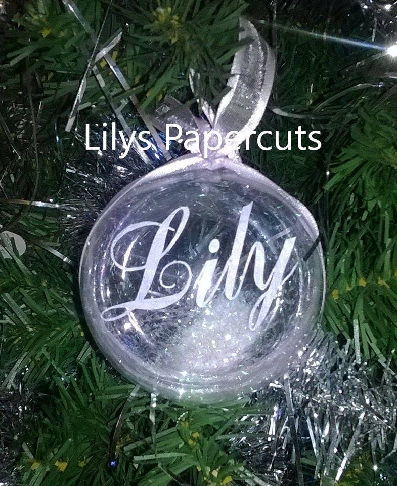 Personalised Christmas Bauble, Remembrance, Glitter, Ribbon, Bespoke, Handmade, Papercut, Decoration, Tree Gift, Unique - Image 1