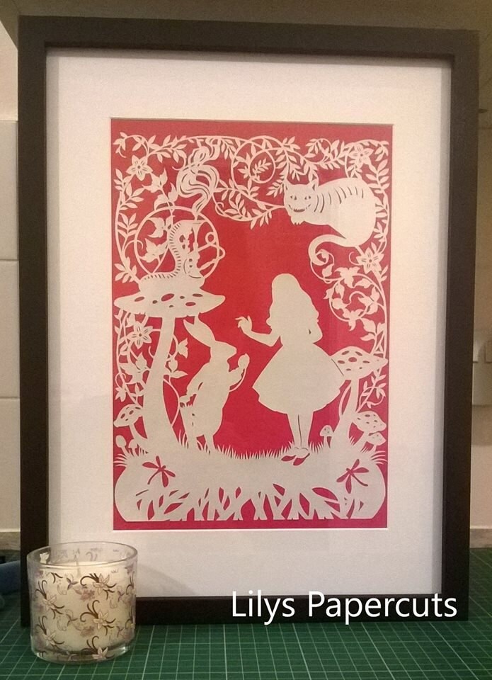 Alice's Adventures In Wonderland, Fairy Tale, Wall-Decor, Cheshire Cat, Handcut, Handmade, Framed, Papercut, Rabbit.