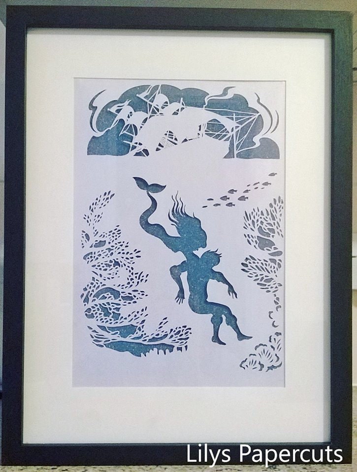 Little Mermaid, Beautiful Gift, Wall-Decor, Fairy Tale, Happy Ever After, Handcut, Framed, Papercut, Artwork.