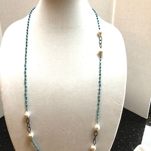 long turquoise and pearl necklace, long layering necklace, boho turquoise necklace, turquoise chain necklace, turquoise statement choker