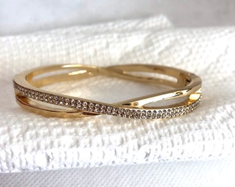 gold and pave bangle bracelet, gold and rhinestone bangle, vintage bangle, gold bangle bracelet, gold cz bangle, stackable bangle, layering