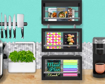 Estante de receitas digitais totalmente vinculada com 3 livros de receitas decorativos separados, vinculados individualmente, além de planejador de refeições e compras (conjunto CMR)