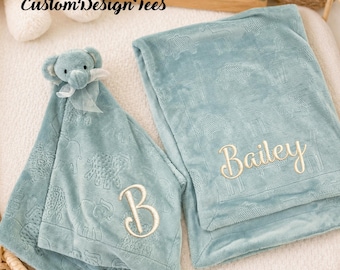 Personalized Baby Lovey Elephant Blanket, Custom Baby Name Lovey, Embroidered Security Blanket, Plush Baby Shower Gift, Newborn Keepsake