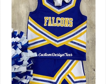 Royal Blue & Gold Cheer Uniforms , Girls Cheer Uniforms, Toddler Cheer Outfit, Custom Design Tees, Girls Blue Cheer, School Spirit Uniforms