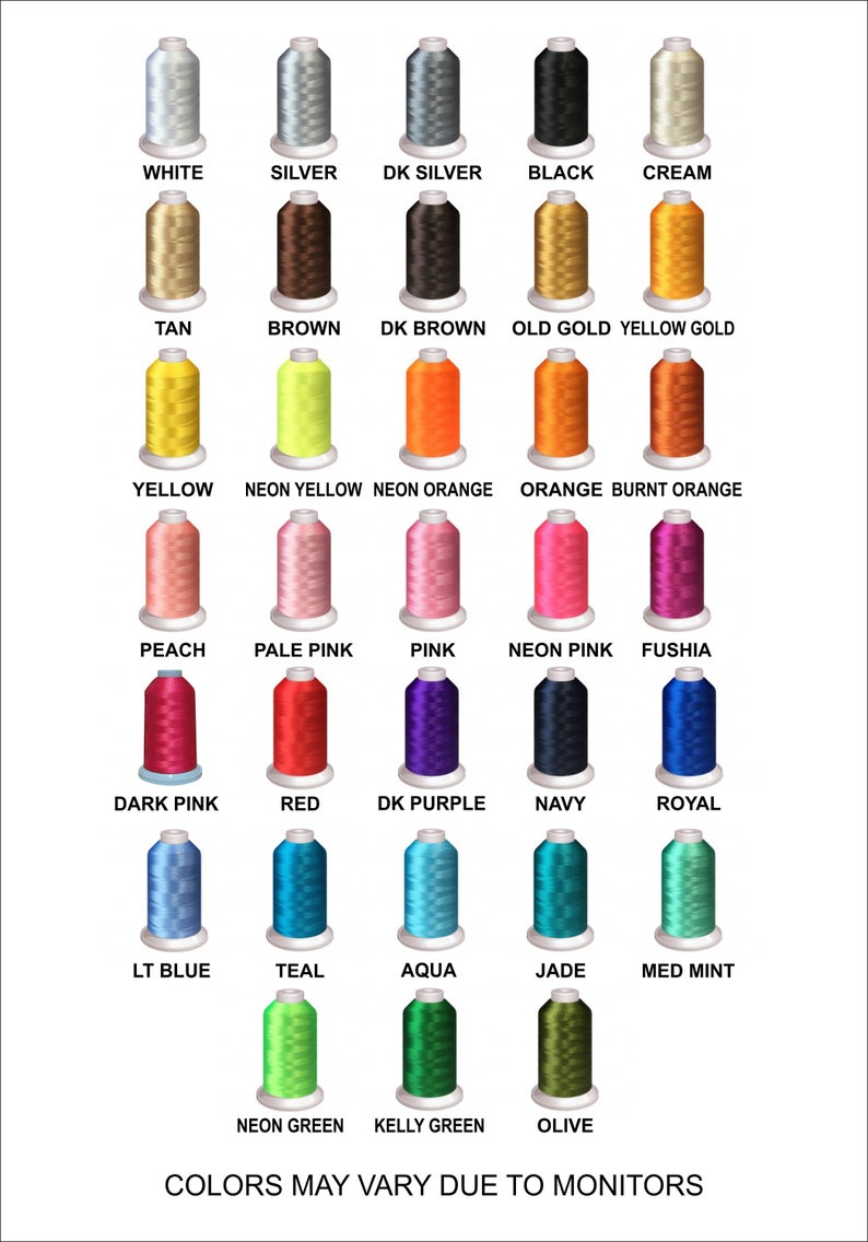 May include: A chart of 25 different colored spools of thread, with the name of each color written below the spool. The text at the bottom of the chart reads "Colors may vary due to monitors."