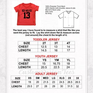 May include: Red jersey with "Red Wolves" and the number 13. Includes a size chart for toddler, youth, and adult jerseys. The chart provides chest and length measurements in inches for each size.