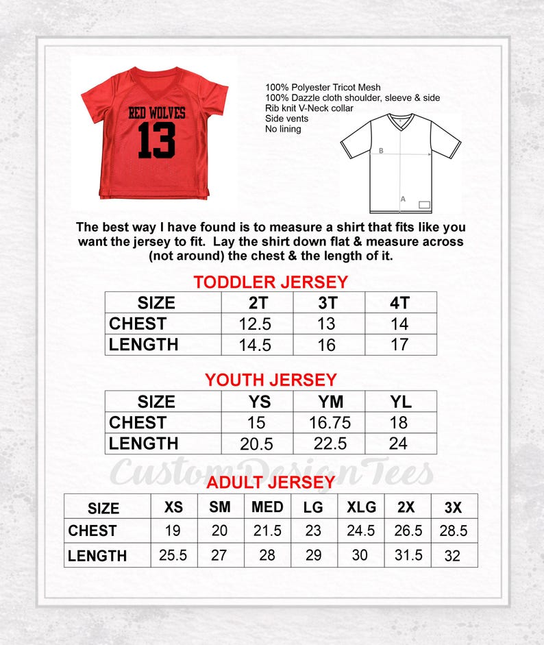 May include: Red jersey with "Red Wolves" and the number 13. Includes a size chart for toddler, youth, and adult jerseys. The chart provides chest and length measurements in inches for each size.