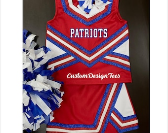 Red & Royal Blue Cheer Uniforms , Girls Cheer Uniforms, Toddler Cheer Outfit, Custom Design Tees, Girls Red Cheer Set, School Spirit Uniform