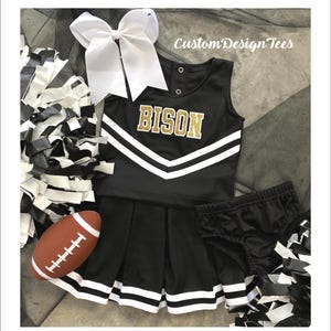 Black White Toddler Cheerleader Uniform, Girls Cheer Uniform, Custom Design Tees, Toddler Cheer Outfit, School Spirit Uniform, Cheer Costume