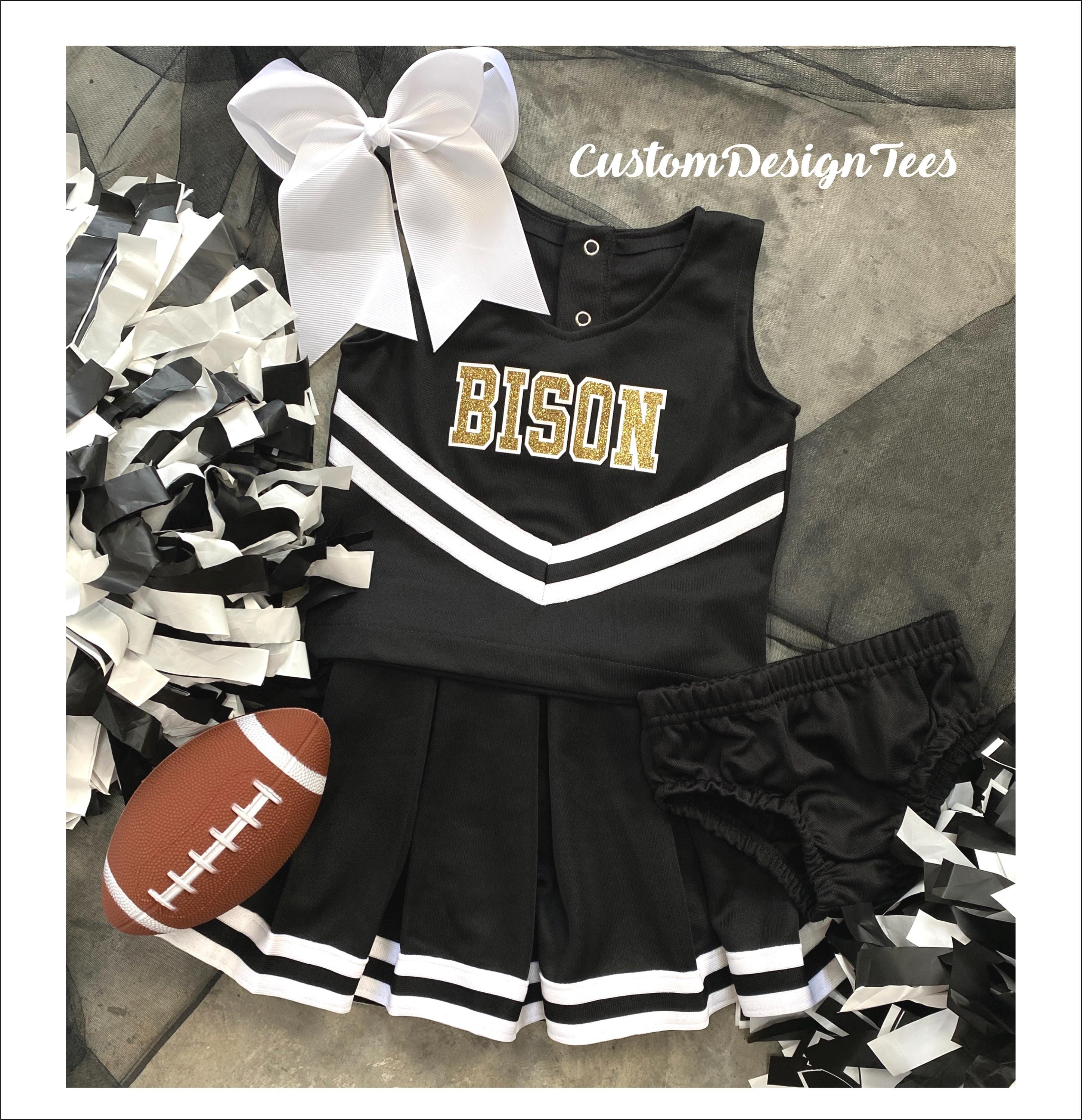 Black White Toddler Cheerleader Uniform, Girls Cheer Uniform, Custom Design Tees, Toddler Cheer Outfit, School Spirit Uniform, Cheer Costume