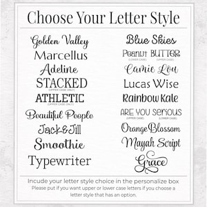 Pode incluir: Um fundo branco exibe uma lista de estilos de letras. O texto "Escolha seu estilo de letra" est&aacute; no topo. V&aacute;rios estilos de fonte s&atilde;o mostrados, incluindo "Golden Valley", "Blue Skies" e "Peanut Butter". As instru&ccedil;&otilde;es s&atilde;o fornecidas.