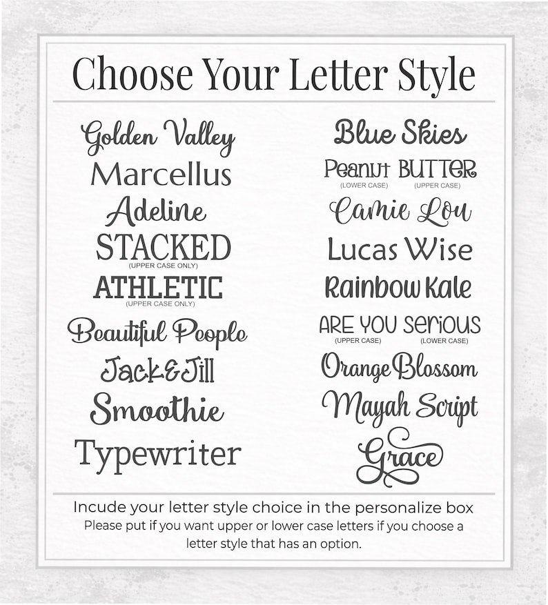 Pode incluir: Um fundo branco exibe uma lista de estilos de letras. O texto "Escolha seu estilo de letra" est&aacute; no topo. V&aacute;rios estilos de fonte s&atilde;o mostrados, incluindo "Golden Valley", "Blue Skies" e "Peanut Butter". As instru&ccedil;&otilde;es s&atilde;o fornecidas.