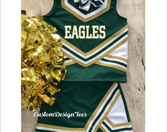 Green & Gold Cheer Uniforms , Girls Cheer Uniforms, Toddler Cheer Outfit, Custom Design Tees, Girls Green Cheer, School Spirit Uniforms